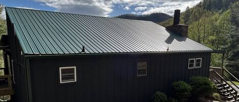 A dark wooden cabin with a metal roof, surrounded by a small garden and a wooden deck.