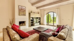 A spacious living room with a fireplace, a large sofa set, and a bookshelf.