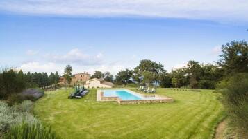 A well-maintained lawn with a swimming pool, lounge chairs, and a building in the background.