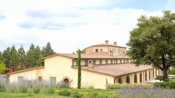 Un edificio ampio con tetto in tegole, diverse finestre e un giardino con lavanda e fiori gialli.