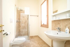 Ein Badezimmer mit Duschkabine, Toilette und Waschbecken mit Spiegel.