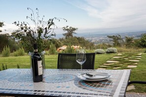 A table with a bottle of wine, a wine glass, and a plate set outdoors with a view of a landscape.