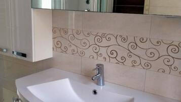 Shower, hair dryer, bidet, towels