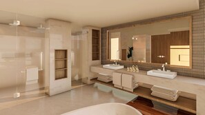 One Bedroom Presidential Suite Ocean Front | Baño | Secador de pelo, albornoces, suelo radiante y toallas