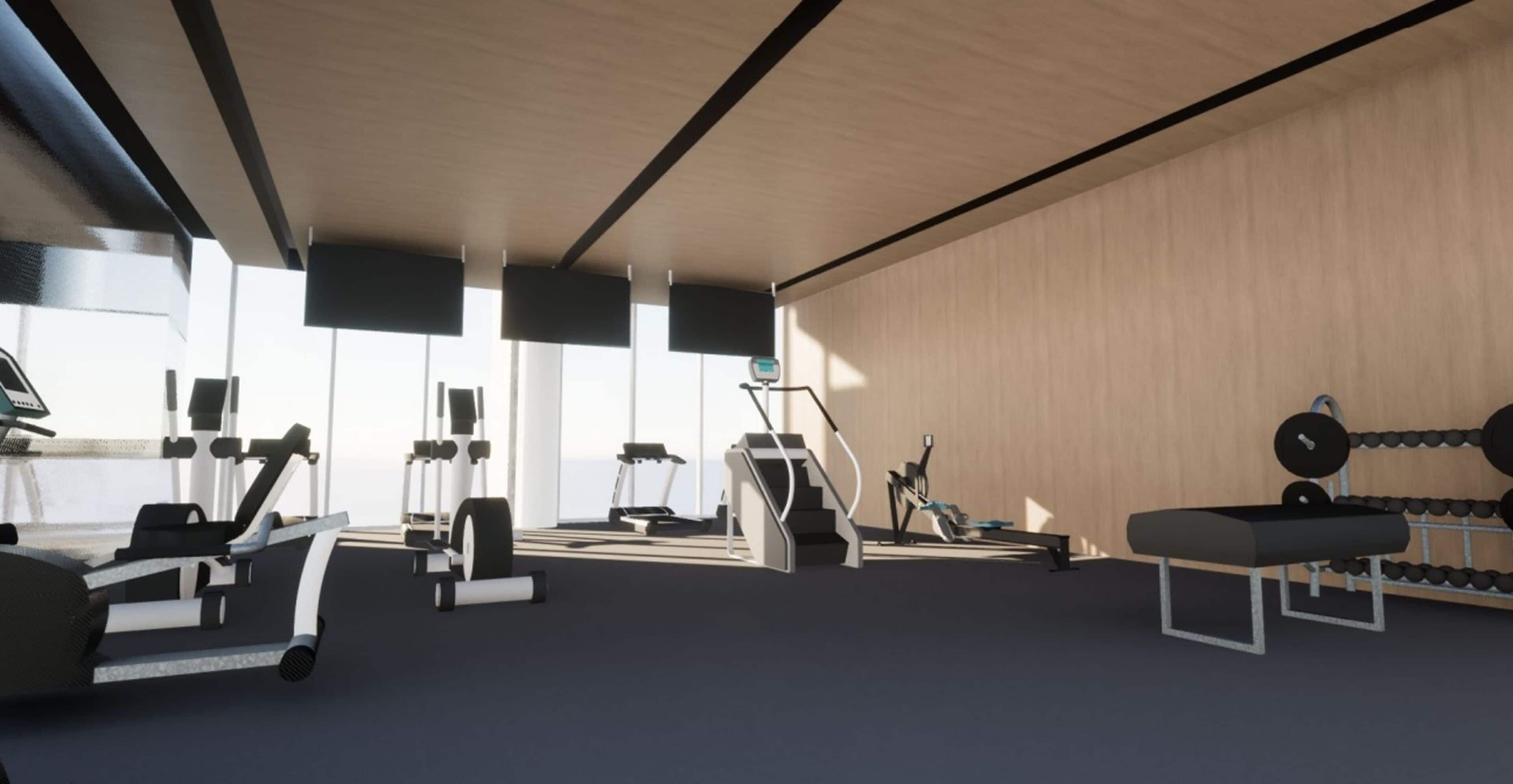 Une salle de sport moderne équipée de divers appareils d’exercice, dotée de grandes fenêtres et d’un mur en bois.