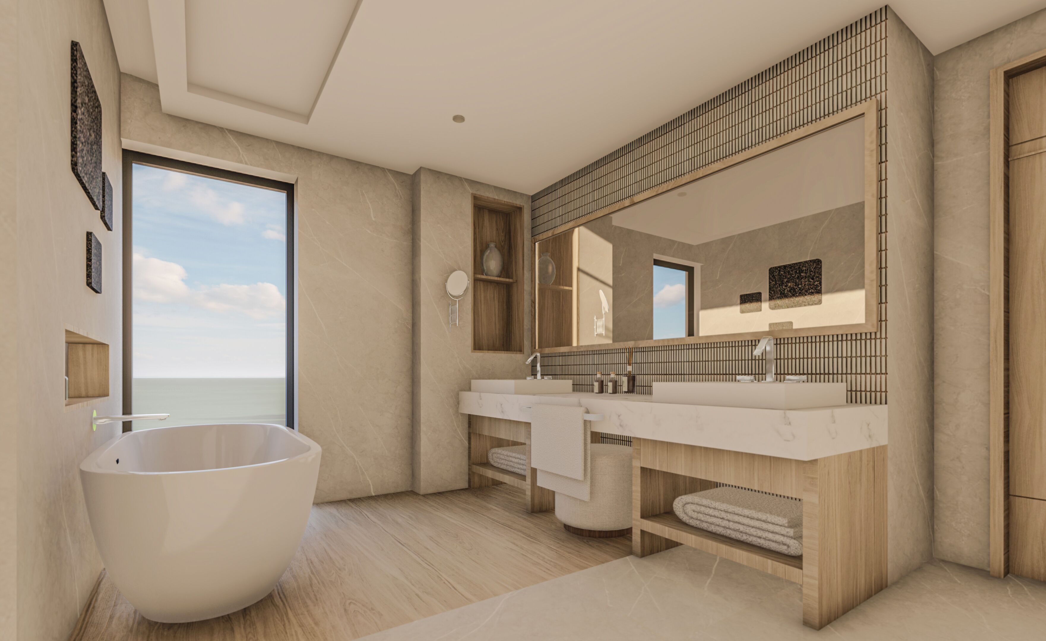 A modern bathroom with a large bathtub, two sinks, and a large mirror.