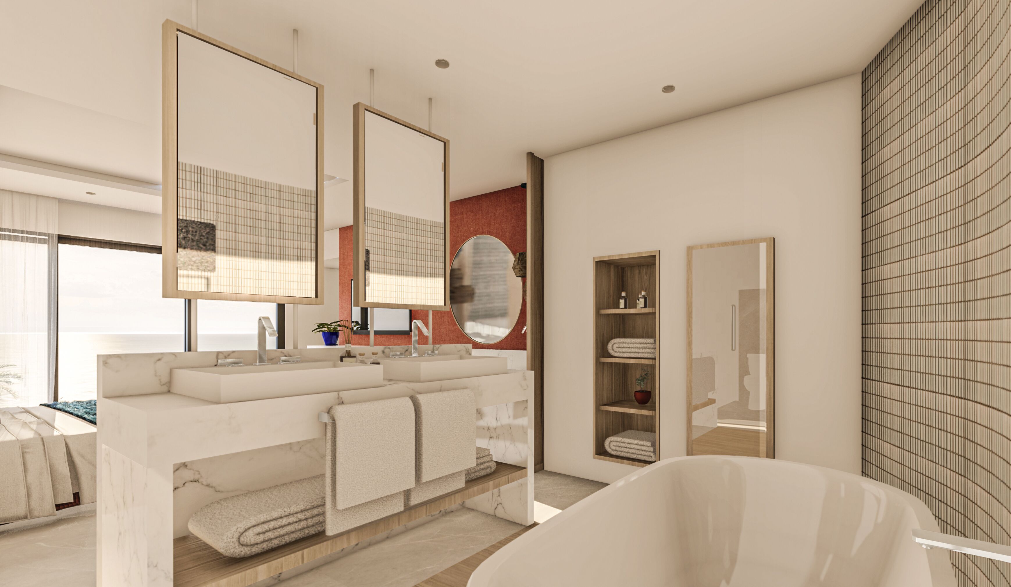 A modern bathroom with a large mirror, a marble sink, and a bathtub.