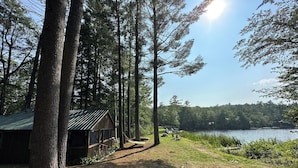 A rustic cabin with a metal roof, surrounded by tall trees and a clear view of a lake.