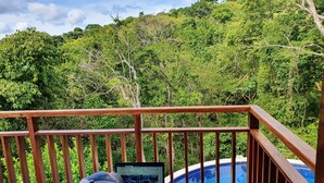 Iemand gebruikt een laptop op een houten terras, met zicht op een zwembad en weelderige begroeiing op de achtergrond.