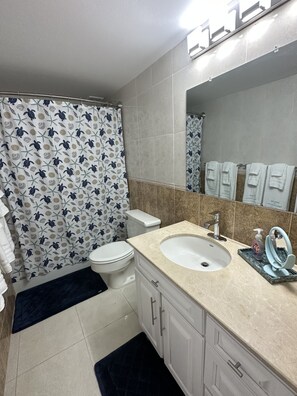 Hair dryer, towels, soap, toilet paper