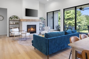 Smart TV, fireplace, books