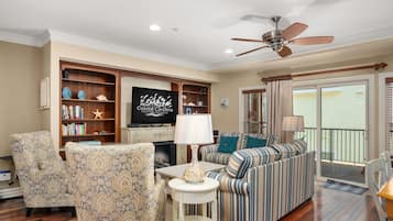 TV, fireplace, books, video library