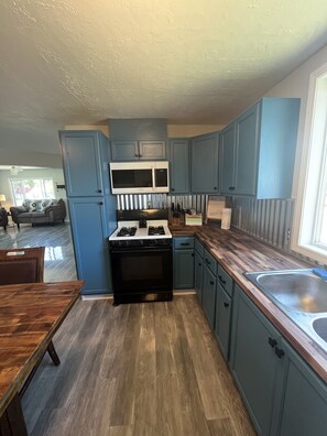 Een microgolfoven, een oven, een kookplaat, een vaatwasser