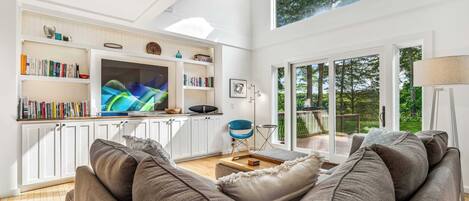 Televisión, chimenea, estéreo y oficina