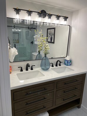 Shower, hair dryer, towels, soap