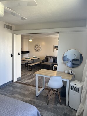 2 bedrooms, desk, iron/ironing board, travel crib