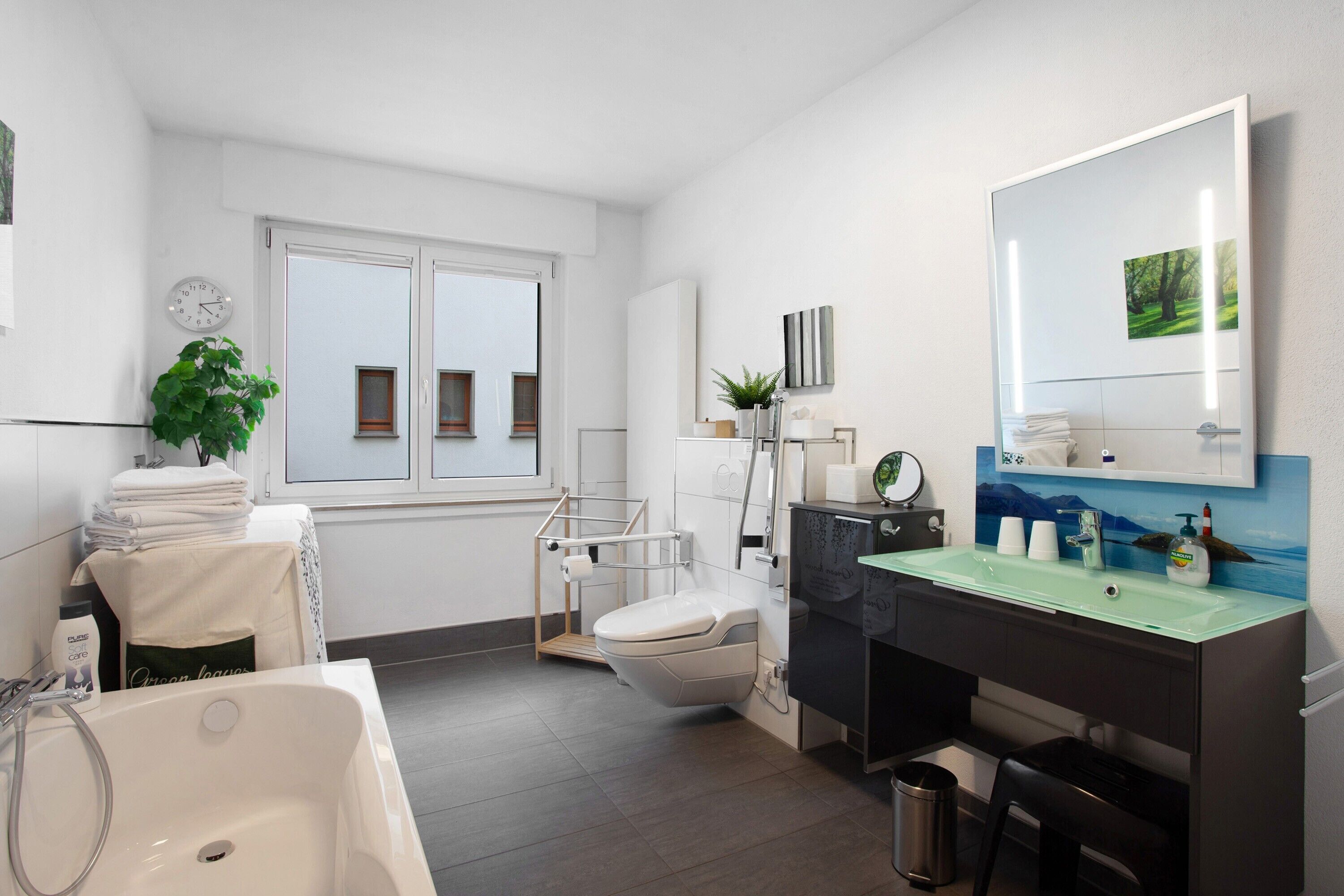 Badewanne, kostenlose Toilettenartikel, Haartrockner, Handtücher