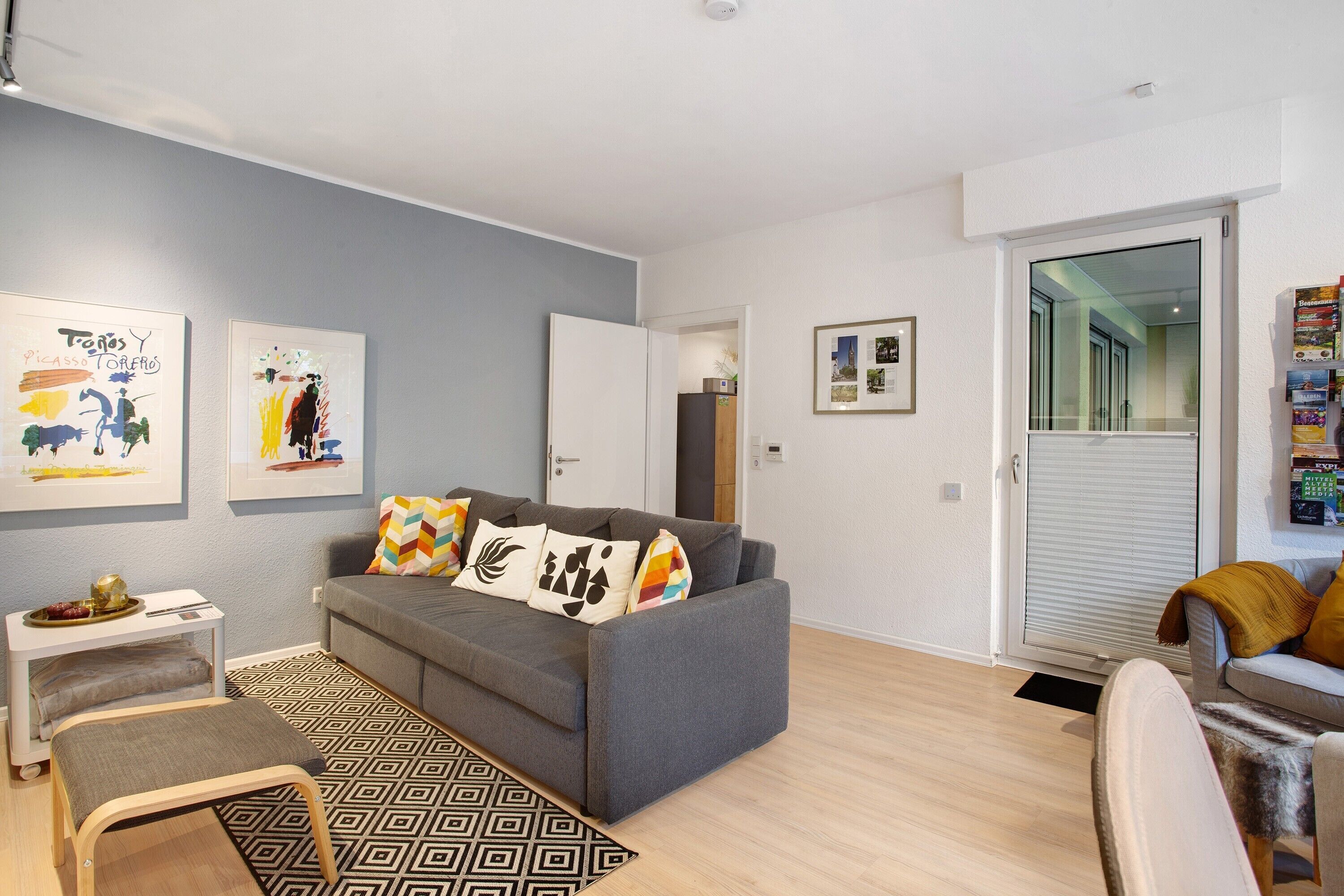 A living room with a grey sofa, patterned rug, and artwork on the wall.