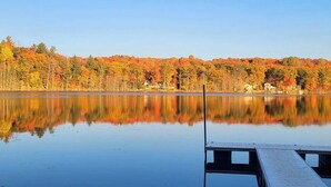 A calm lake with a dock extending into the water, surrounded by autumn-colored trees reflecting on the water's surface.