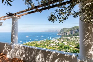 Une vue sur la côte, avec une pergola, des colonnes blanches et une vue sur la mer et les falaises.