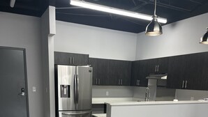 A modern kitchen with dark cabinetry, stainless steel appliances, and a large island. - One of a kind Luxury Loft (Dearborn)