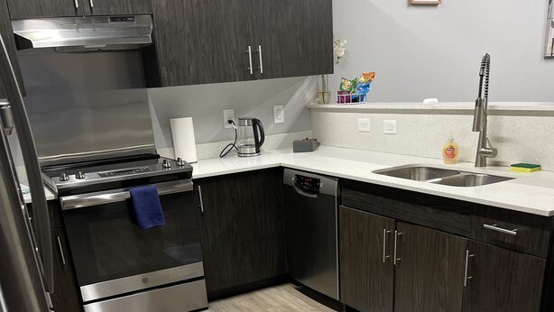 A modern kitchen with dark wood cabinets, stainless steel appliances, and a light-colored countertop. - One of a kind Luxury Loft (Dearborn)
