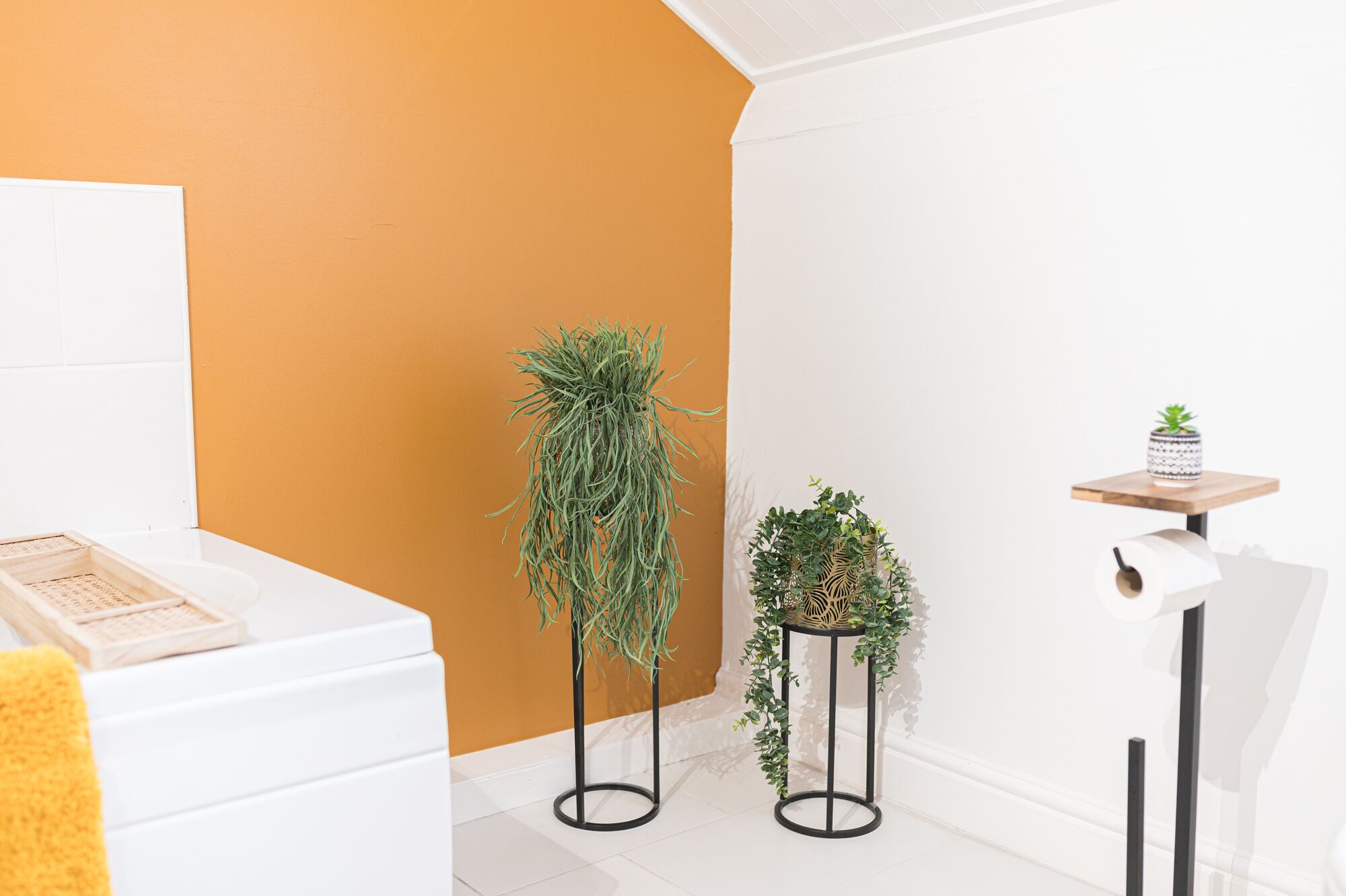 A room with a white dresser, a tall plant on a black stand, a smaller plant on a round black stand, and a small shelf with a plant.