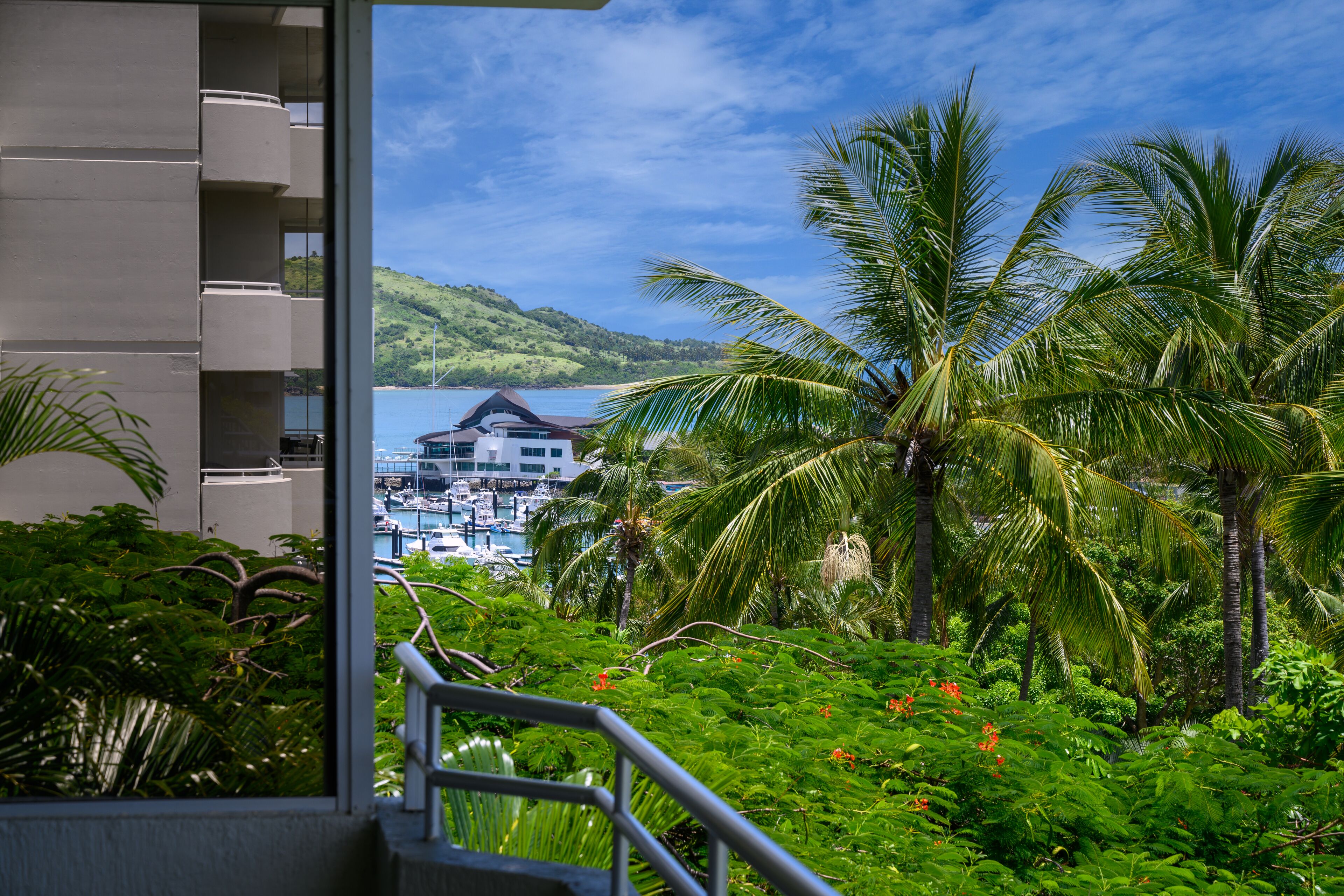 A balcony with a view of a marina, palm trees, and a hilly landscape.