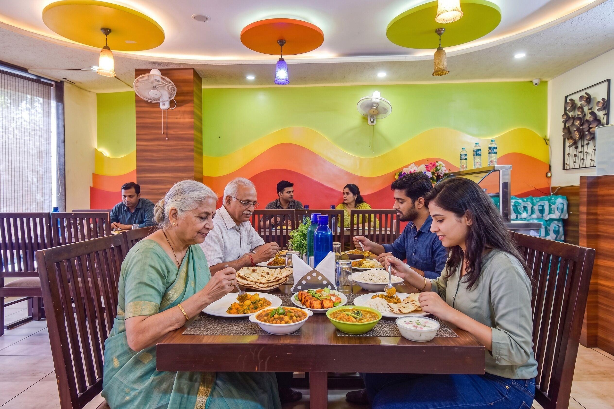 A restaurant with a colorful interior and wooden furniture.