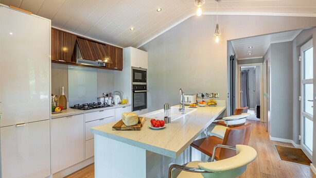 A modern kitchen with a central island, stainless steel appliances, and a view to the adjacent living area. - The Watchtower (Pet) (Snowdonia)