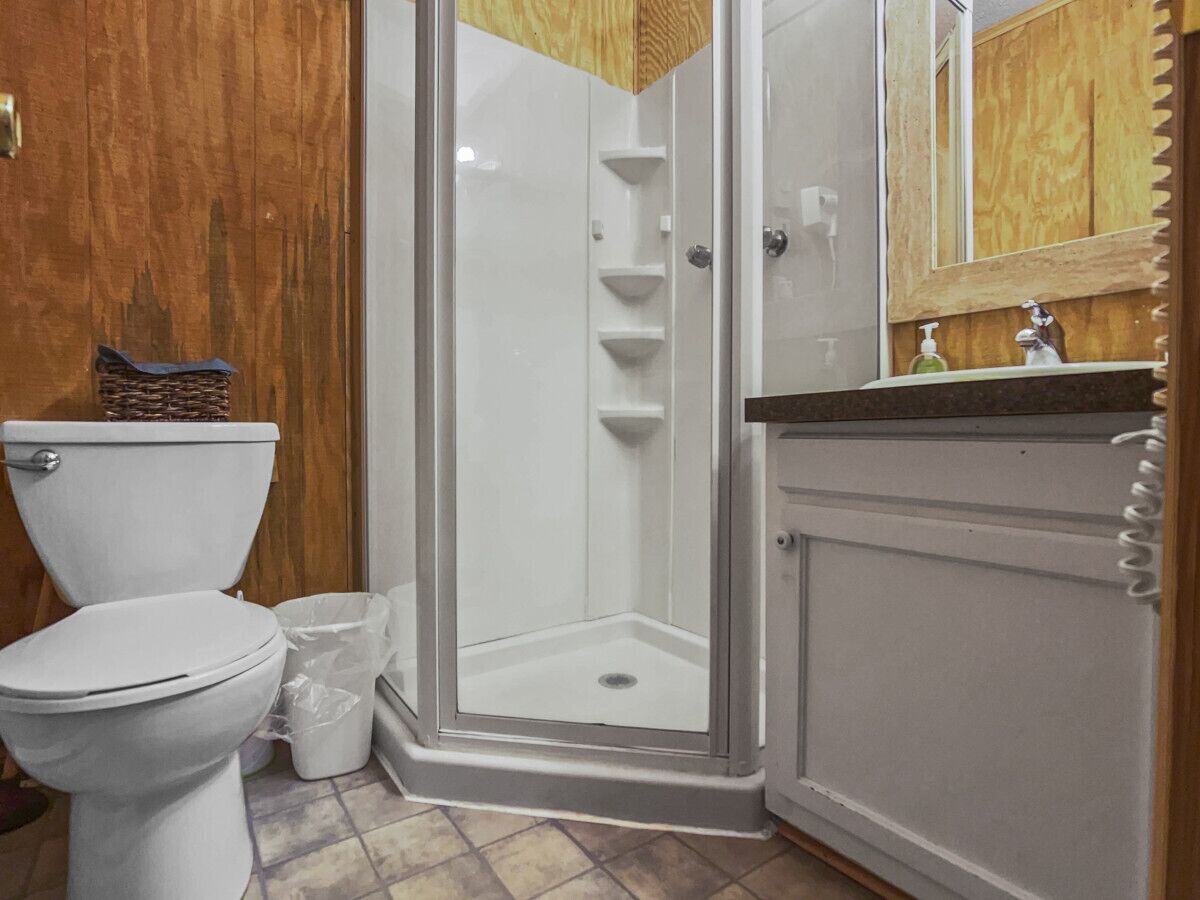 A bathroom with a toilet, a glass-enclosed shower, and a vanity with a mirror.