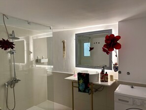 Shower, hair dryer, towels