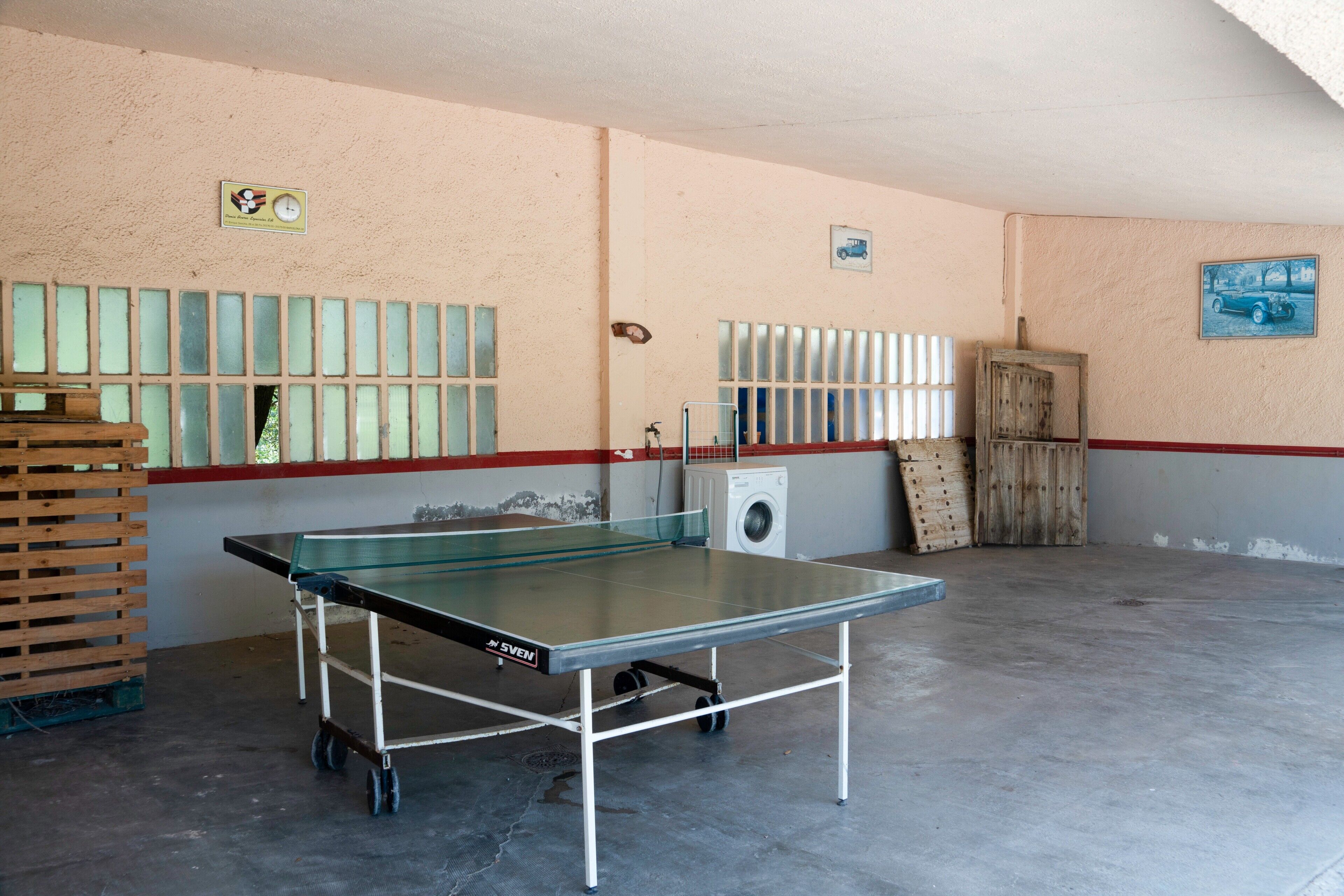 Une table de ping-pong dans une pièce dont le sol est en béton, où se trouvent également un lave-linge et un meuble en bois.