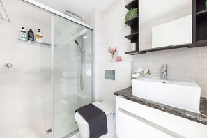 Shower, hair dryer, towels