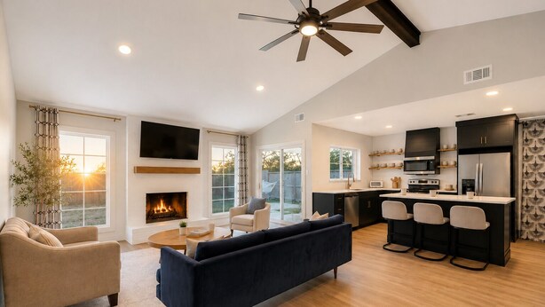 A spacious living area with a fireplace, a dark blue sofa, a light-colored armchair, and a kitchen with a bar area. - Fire Pit ☀️ Grill - Hammock - King Bed 🏡 1 Story Home (The Woodlands)