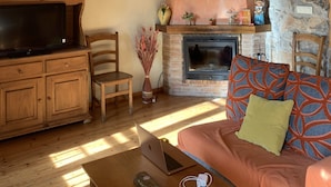 Un salon chaleureux avec une cheminée en pierre, des meubles en bois et un téléviseur.