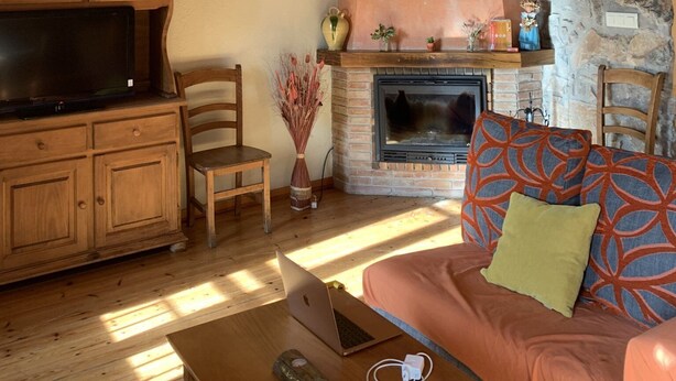 Una sala de estar acogedora con chimenea de piedra, muebles de madera y televisor.