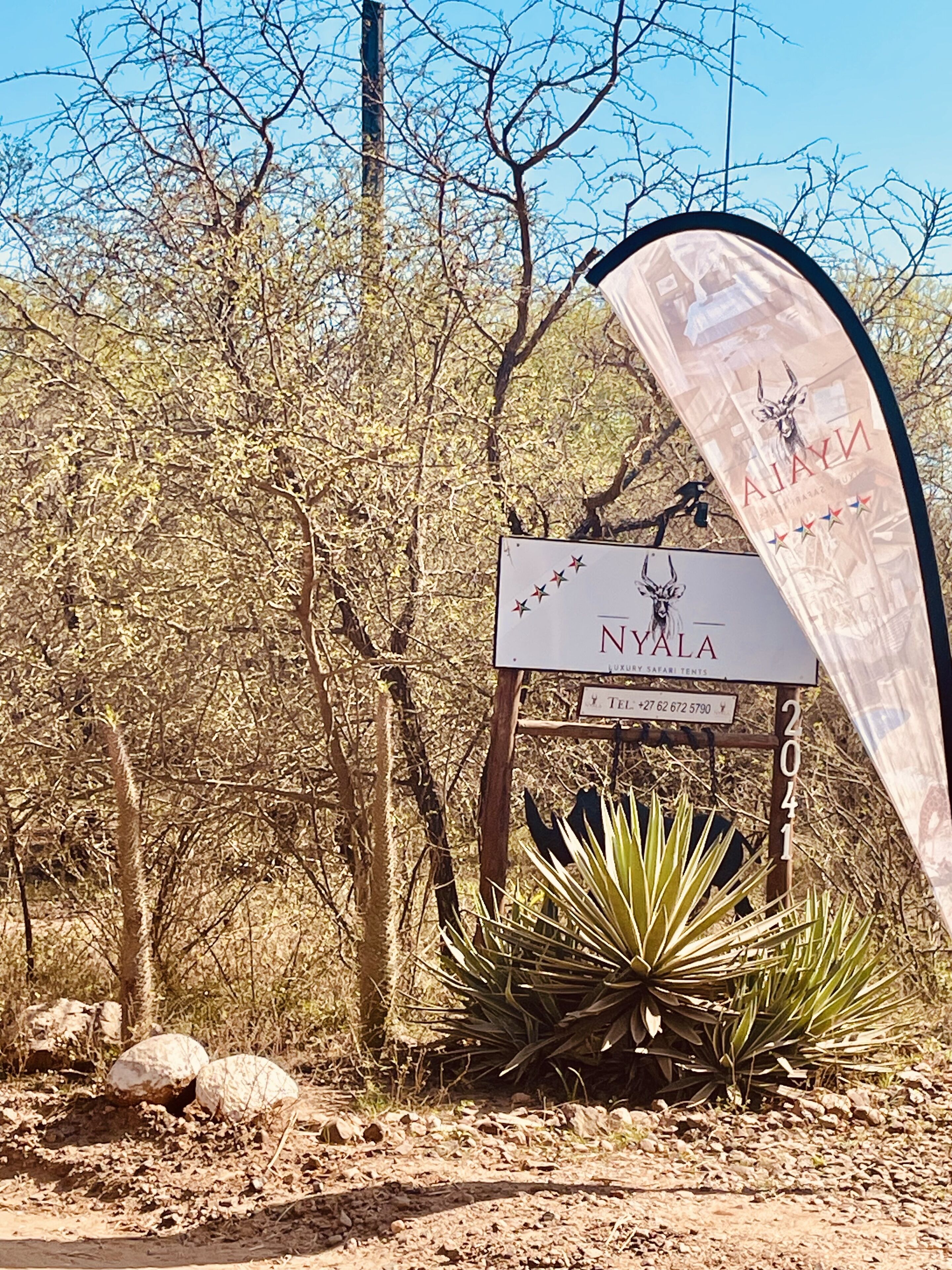 Schild für die Nyala Safari Zelte mit der Nummer 2041, umgeben von trockener Vegetation und Bäumen.