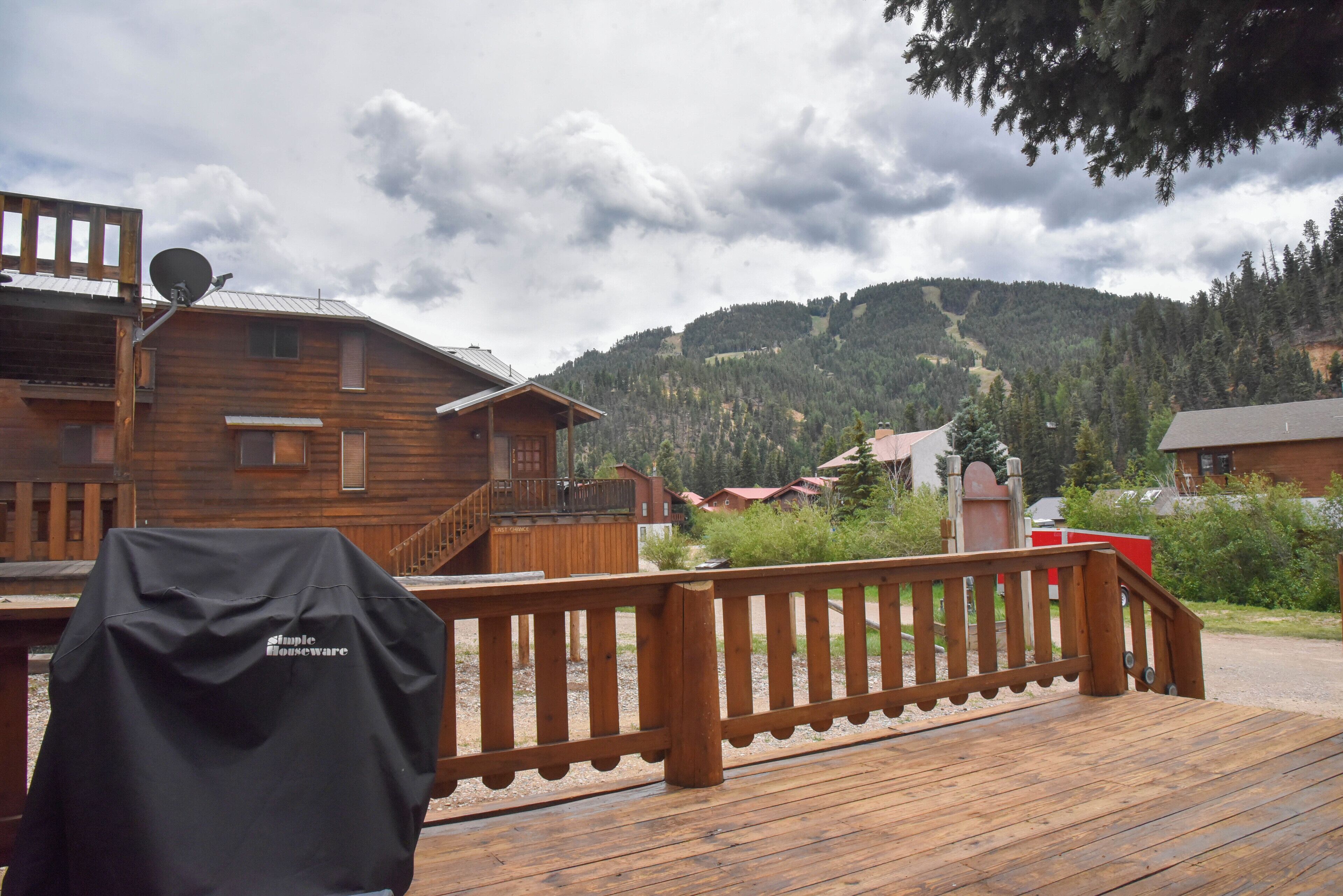 Une terrasse en bois avec un barbecue, une maison en bois dotée d’une antenne parabolique, et un paysage montagneux en arrière-plan.