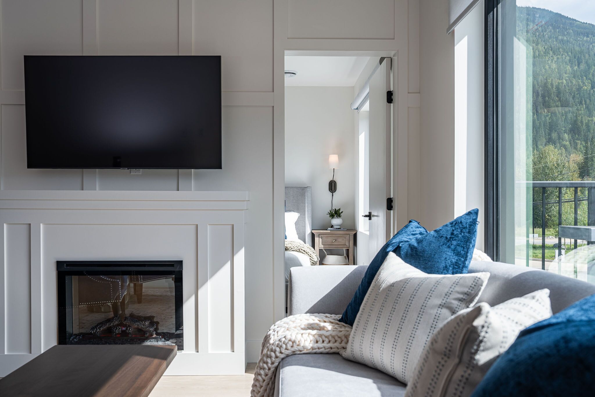 TV, fireplace, books, offices