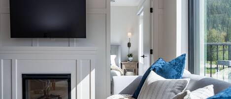 TV, fireplace, books, offices