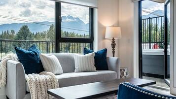 TV, fireplace, books, offices