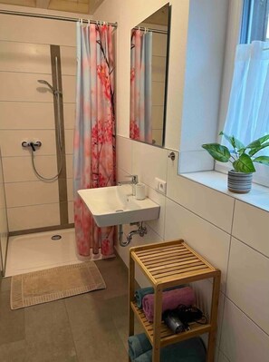 Douche, séchoir à cheveux, serviettes fournies, savon