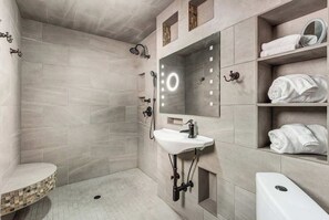 Combined shower/bathtub, hair dryer, towels