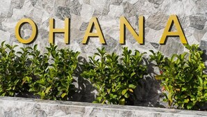 Een stenen muur met de tekst 'OHANA' in gouden letters, omringd door groene struiken.