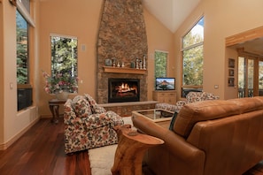 Smart TV, fireplace, books