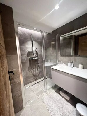 Douche, sèche-cheveux, serviettes fournies, savon