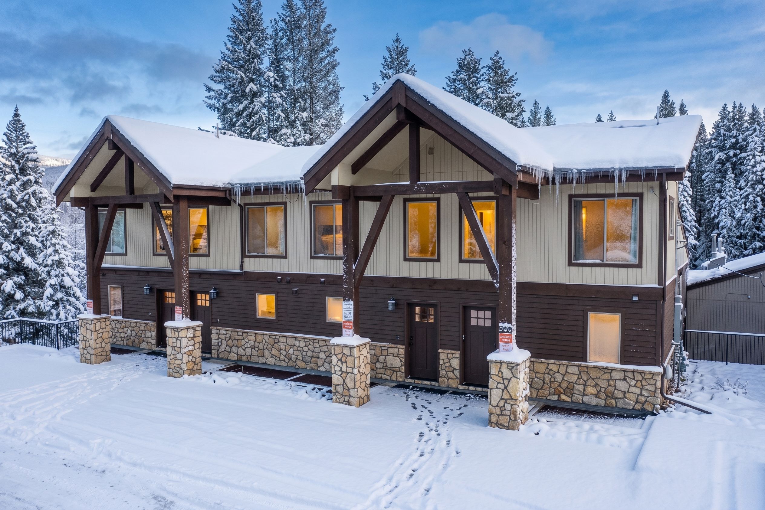 Eine zweistöckige Lodge mit Stein Fundament, zahlreichen Fenstern und einem mit Schnee bedeckten Dach.