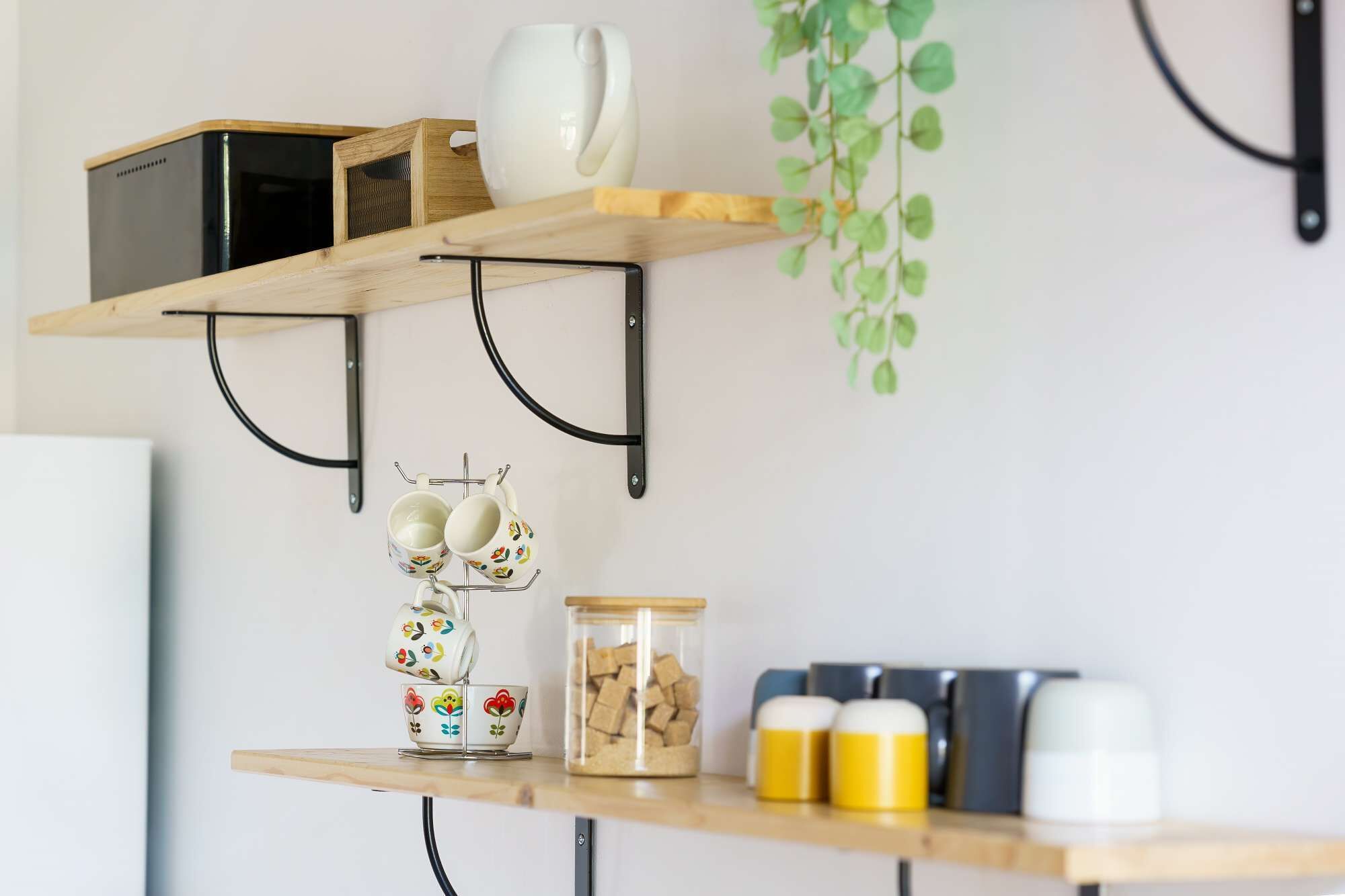 Une étagère de cuisine avec une machine à café, une plante suspendue et divers ustensiles de cuisine.