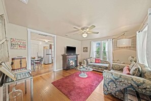 Smart TV, fireplace, books